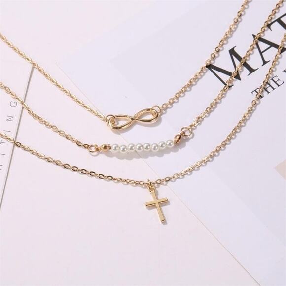 Long 8 Word Pearl Multi-layer Necklace Cross Pendant Necklace Gold Chain - Picture 4 of 5